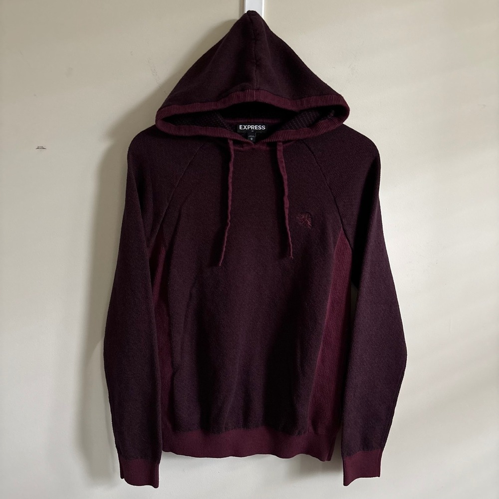 Express Mens Burgundy Textured Knit Hooded Sweater Raglan Lion Logo Size M